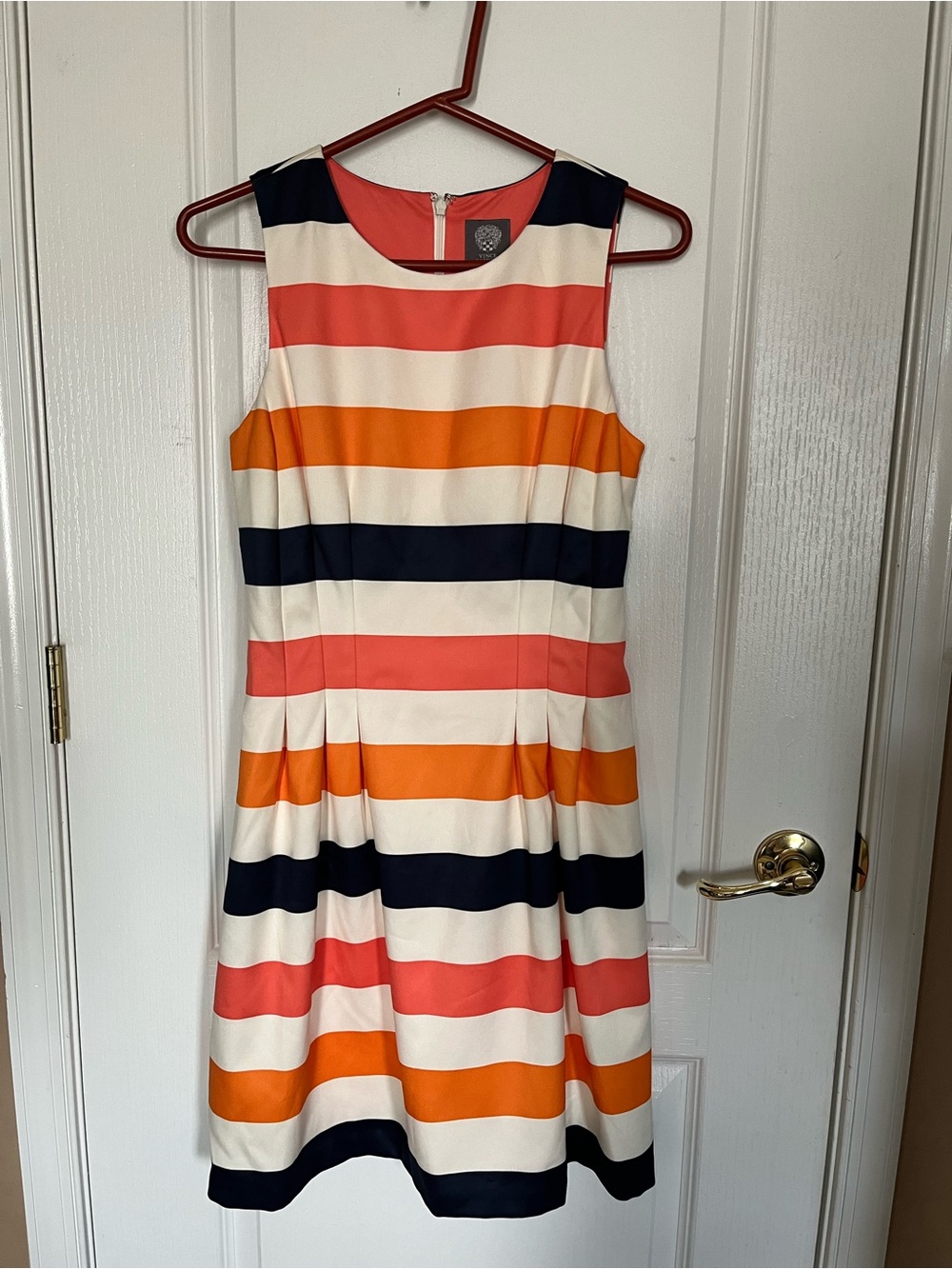 Striped Sleeveless Fit & Flare Dress in Coral, Orange, Navy & Cream